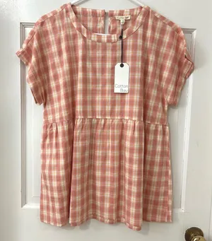 Cotton Bleu Babydoll Top Sz S Orange Plaid NWT Boho Picnic Prairie Soft Girl‎ thumbnail 1