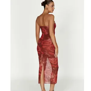 Meshki Aphrodite Strapless Mesh Dress Red Rose Floral Print Midi Bodycon Size XS thumbnail 2