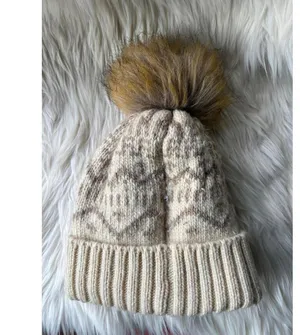 Ariat Women's Cream Knit Beanie Hat with Faux Fur Pom Pom thumbnail 3