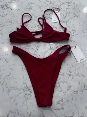 NWT Quince Cherry Red Knot Tie Bikini Top & High Leg Dipped Bottom Set Small thumbnail 1