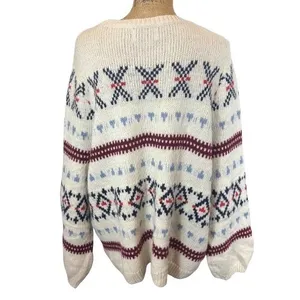 Old‎ Navy Balloon Sleeve Neutral Fair Isle Sweater Cream Burgundy Blue Size XL thumbnail 3