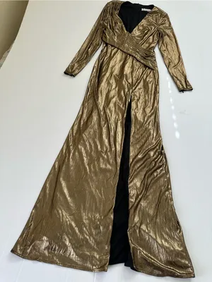 Mac Duggal Metallic Long-Sleeve Asymmetrical Ruched Gown IEENA Collection, 0 thumbnail 5