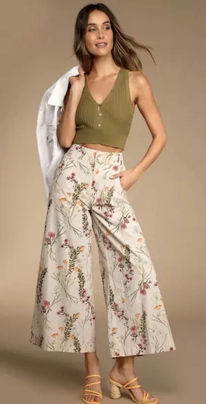 Free People Menorca taupe multi floral print wide-leg cropped pants 25 thumbnail 1