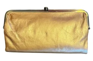 Women’s Hobo Vintage Gold Leather Lauren Clutch Wallet Kiss Lock Organizer thumbnail 1