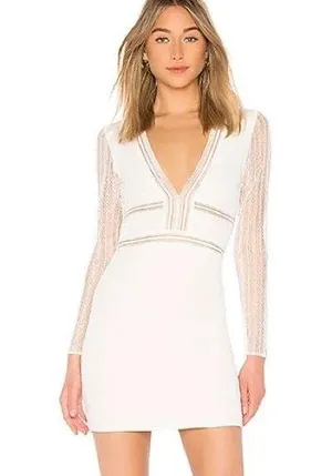 NWT Superdown Lauri Dress White Deep V Lace Bodycon Long Sleeve mini dress thumbnail 1