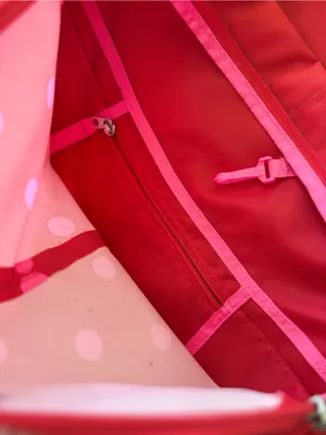 Jansport Red Oversized Messenger Bag with Pink Polka Dots thumbnail 9