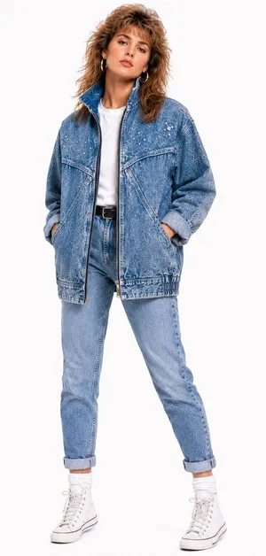 Vintage ‘80s Medium Wash Studded High Collar Full Zip Denim Jacket w/ Pockets thumbnail 1