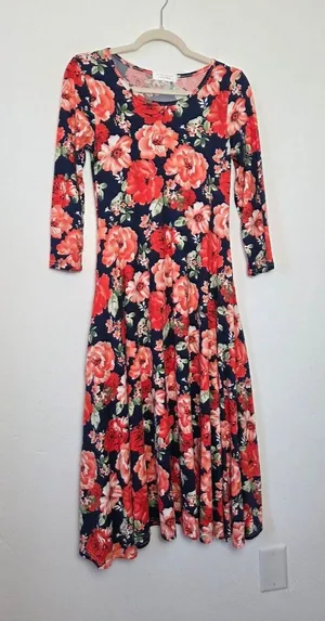 Sign Here Bright Red Floral Swing Midi Dress Jersey Modest Teacher Comfy Small thumbnail 1