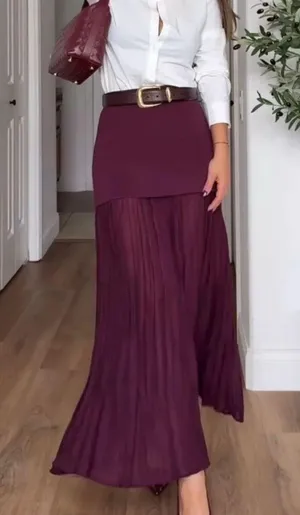 NWT ZARA WOMAN HIGH-WAIST COMBINED PLEATED KNIT SKIRT in BURGUNDY. Size Medium thumbnail 1