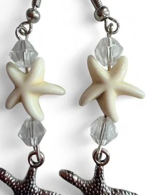 Handmade Silver & Cream Double Starfish Dangle Earrings 🌟🏝️ thumbnail 4
