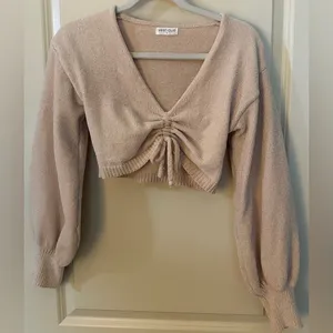 Vestique Boutique Cropped Tie V-neck Cinched Tan Sweater Women's Sz Small thumbnail 4