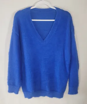 Y2K V-Neck Fuzzy Eyelash Knit Sweater Vibrant Royal Blue Small UltraSoft Fluffy thumbnail 1