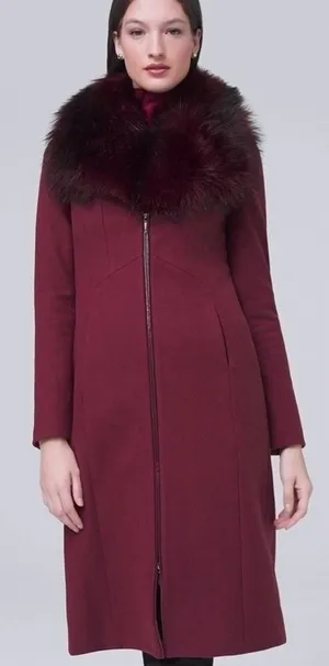 WHBM Burgundy Long Coat Removable Faux Fur Collar White House Black Market XS thumbnail 1