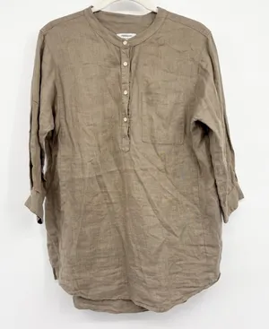 Touch Womens 100% Linen Made in USA Olive Henley Lagenlook Popover Tunic Top 2 thumbnail 1