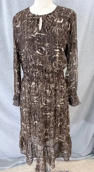 Greenpoint Brown Animal Print Metallic Lurex Smocked Midi Dress 42 XL‎ thumbnail 1