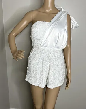 Bella & Bloom Sequin Satin Shoulder Tie Romper White Size M thumbnail 8