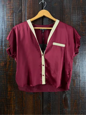 INC Burgundy Satin Blouse Pajama Top XS thumbnail 2