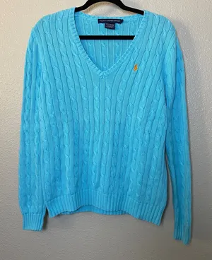 100% Cotton Ralph Lauren Sport Cable Knit Sweater Large Blue Orange Pony V Neck thumbnail 1