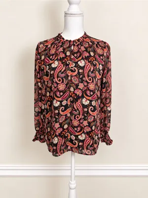 LOFT Paisley Ruffle Neck Long Sleeve Blouse Black Pink Boho Women’s Small thumbnail 2