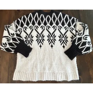 Free People Fireside Patterned Tunic Small Black White Oversized Sweater‎ Hearts thumbnail 6