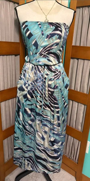 Strapless Aqua & Navy Print Maxi Dress with POCKETS! thumbnail 1