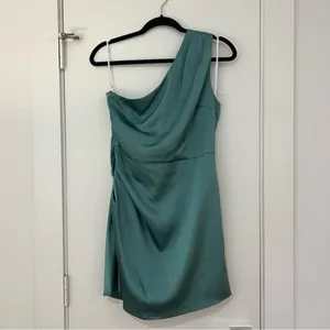 Lulu’s Love Me Tonight Sage Green Satin One-Shoulder Mini Dress thumbnail 2
