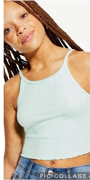 Aeropostale L Ribbed High Neck Cropped Cami Top Lettuce Hem Grunge‎ Whimsy Goth thumbnail 1