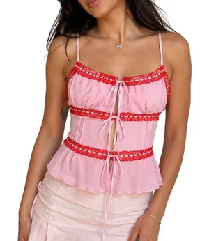 Kimchi Blue Ivy Lace Inset Cami Pink Red Tie Front Urban Outfitters XS S thumbnail 1
