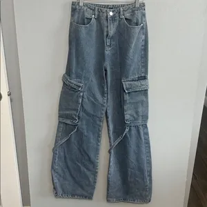 Papermoon Cargo Jeans Blue High Rise Wide Leg Utility Denim Y2K M/8 thumbnail 2