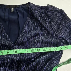 White House Black Market Navy Blue Metallic‎ Pleated Smocked Peplum Blouse Small thumbnail 9