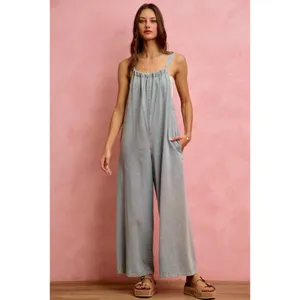 SO ME Wide Leg Lightweight Denim Overalls - Light Denim - Large thumbnail 8