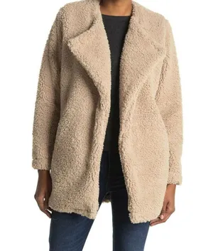 Lush Womens Beige Faux Fur Long Sleeve Coat thumbnail 1
