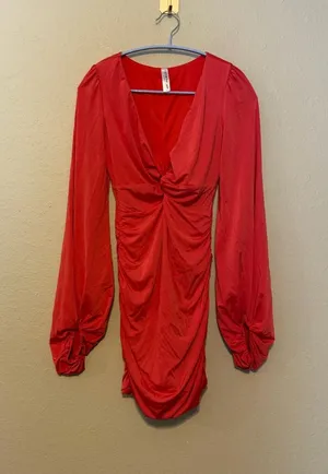 Lucy in The Sky Orange Coral Twist Front‎ Ruched V Neck Long Sleeve Mini Dress thumbnail 1