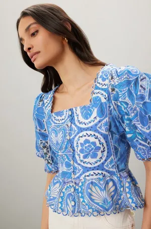 FARM Rio Blue Motif Puff Sleeve Peplum Top XL NWT thumbnail 1