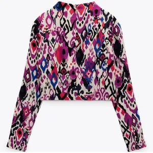 ZARA Abstract Print Mock Neck Long-Sleeve Crop‎ Top Size Small Pink Purple Blue thumbnail 7