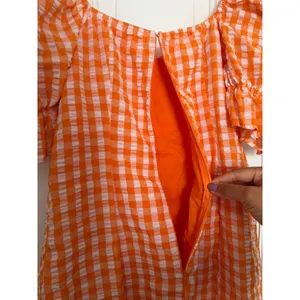Orange Gingham Puff Sleeve Bustier Bodycon Mini Dress Sweetheart Neck Large thumbnail 12