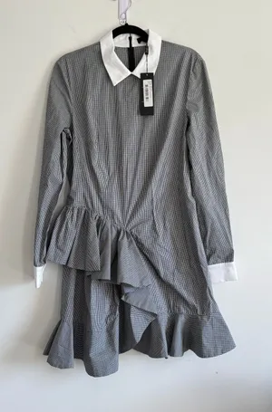 Petersyn Bettina Dress‎ Black Checkered Gingham Ruffle Mini Long Sleeve Preppy L thumbnail 1