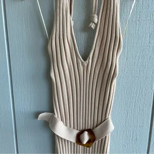 NICHOLAS Plunge‎ Neck Ribbed Cotton Knit Dress Neutral Beige Size M thumbnail 3