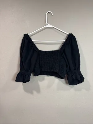 Free People Black Smocked Square-Neck Crop Top thumbnail 4
