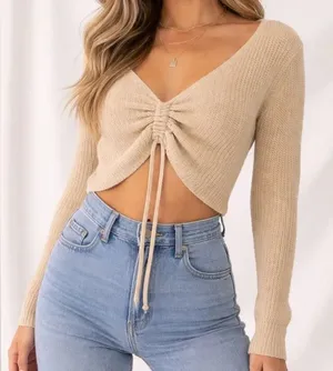 Princess Polly Ally Knit Sweater Beige Ruched Front Crop Top S/M thumbnail 1
