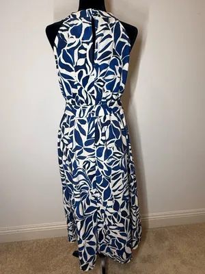 Emma & Michelle Linen-Look Blue White Abstract Botanical Leaf Print Dress L EUC thumbnail 5