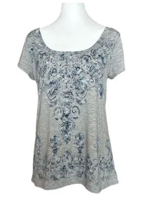 Maurices Gray Short Sleeve Blouse with Elegant Pattern thumbnail 1
