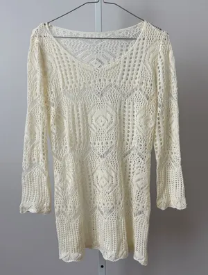 VTG sz L Ivory Crochet Knit Tunic Top Pointelle Boho‎ Cream Cottagecore Coquette thumbnail 1