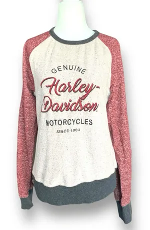 Harley Davidson Cream Red Raglan Sleeve Crewneck Pullover‎ Sweatshirt Size Small thumbnail 1