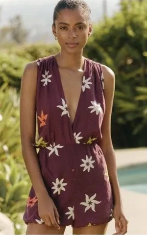 Anthropologie Celandine Linen-Blend Sleeveless Deep-V Romper Sz M Resort Beach thumbnail 1