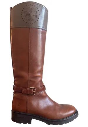 Tory Burch Daniela Cognac Leather Riding Boots Lug Sole Logo 10.5 thumbnail 1