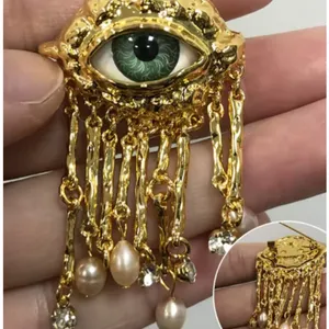 Schiaparelli Inspired Surrealist Evil Eye Brooch Pearl Tassel - NEW thumbnail 2