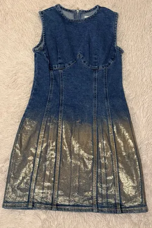 Forever 21 Metallic Gold Ombre Foil Sleeveless Denim Mini Dress - Size XS - NWOT thumbnail 10