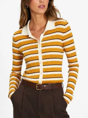 Theory Women Hudson Striped Polo Cardigan Size S Mustard Yellow 70s Preppy Retro thumbnail 1