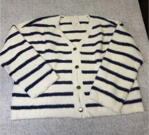 A New Day Womens 1X Navy White Striped Fuzzy Knit Cardigan Gold Buttons NEW thumbnail 1